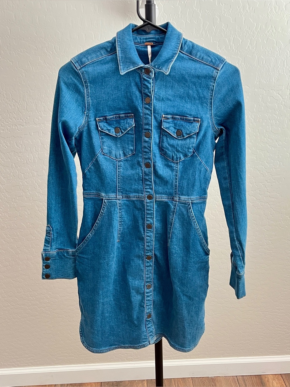 Free People Blue Denim Button-Front Long Sleeve Dress